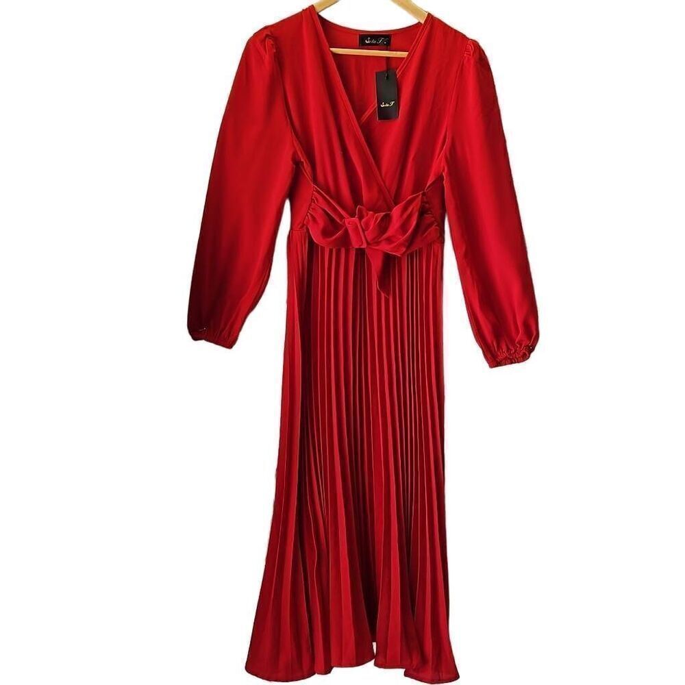 Amazon Seta T Elegant Wrap V-Neck Long Sleeve Slim Pleated Long Dress with Belt